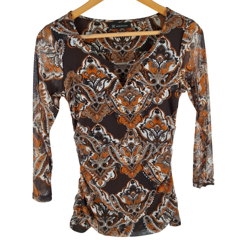 INC Paisley Mesh V-Neck Ruched Top S